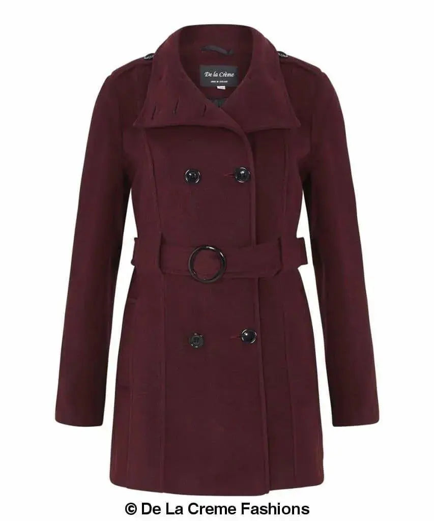 De La Creme - Women's Military Style Herringbone Wool Belted Coat