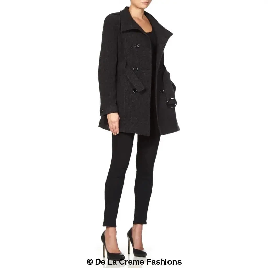 De La Creme - Women's Military Style Herringbone Wool Belted Coat