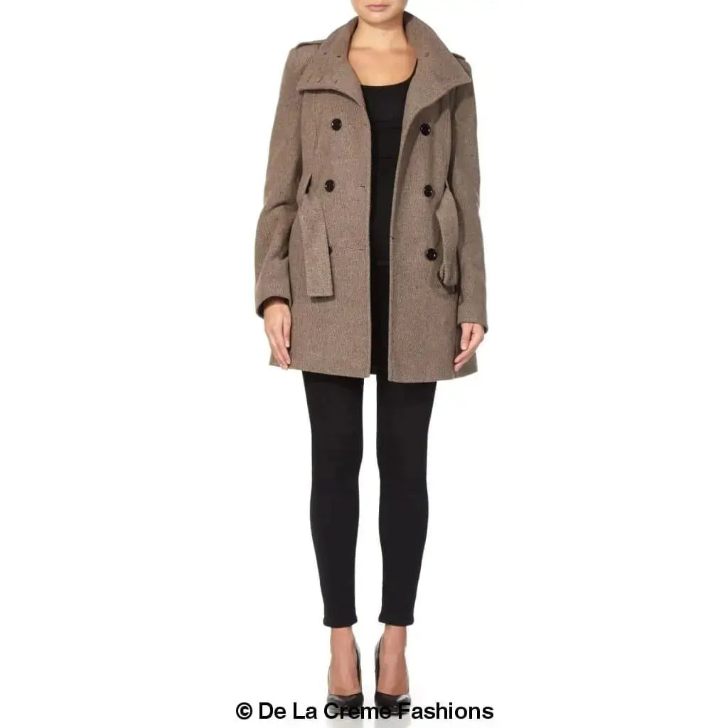 De La Creme - Women's Military Style Herringbone Wool Belted Coat