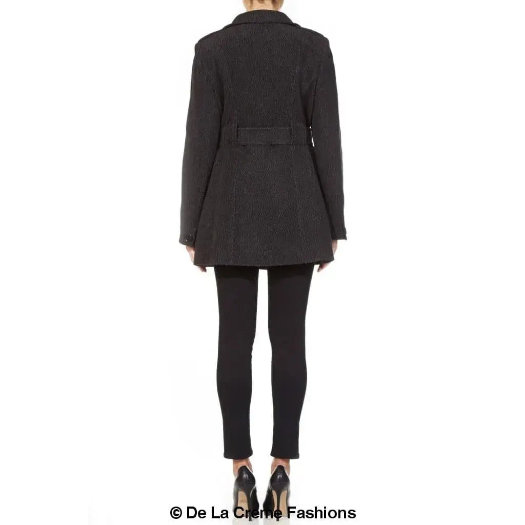 De La Creme - Women's Military Style Herringbone Wool Belted Coat