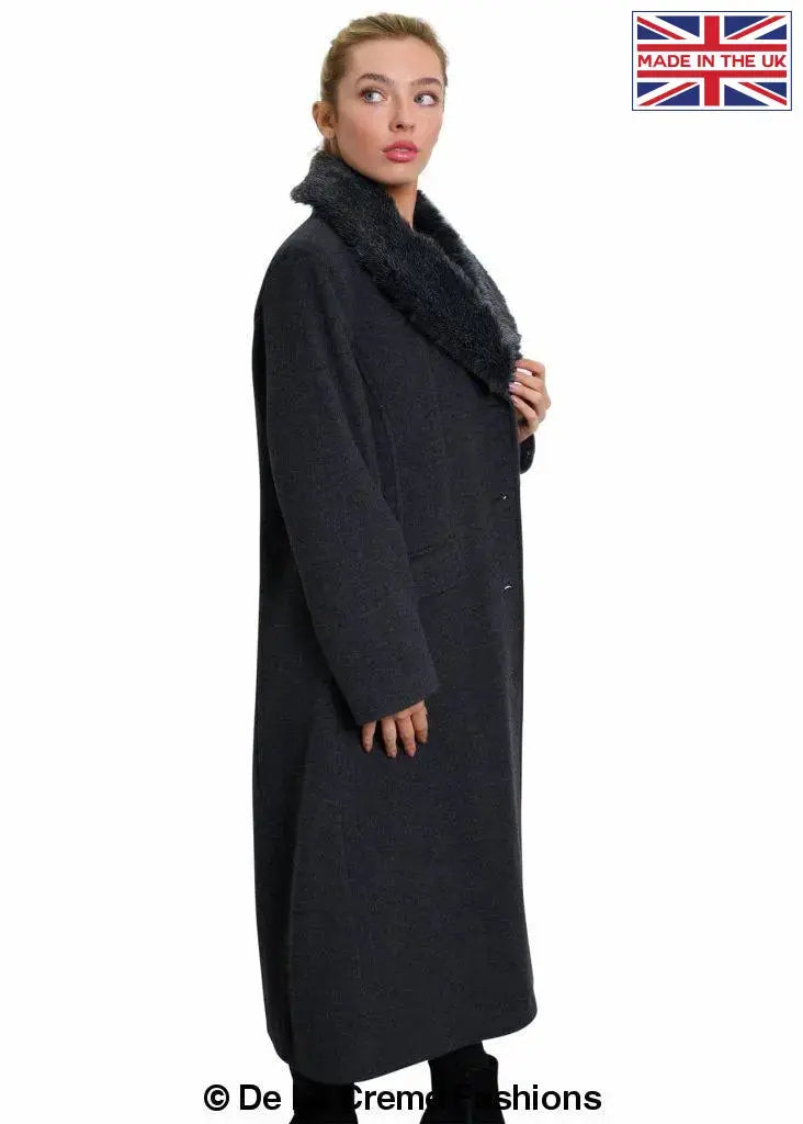 De La Creme - Womens Oversized Faux Fur Collar Long Coat