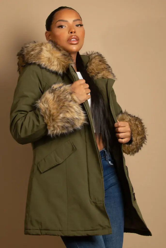 Ladies khaki parka fur hood clearance