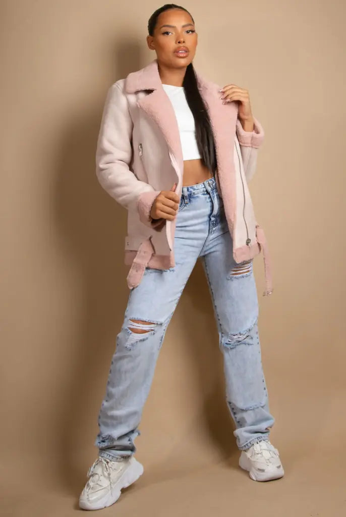 De La Creme Womens Pink Faux Suede Aviator Jacket