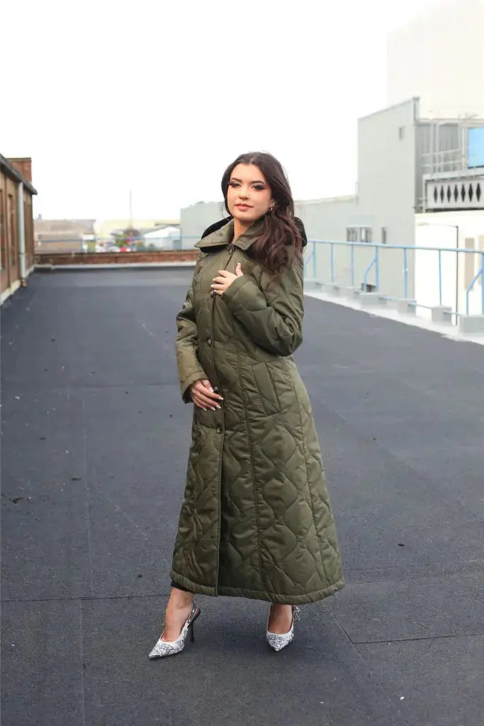 De La Creme Womens Quilted Single Breasted Longline Hooded Coat