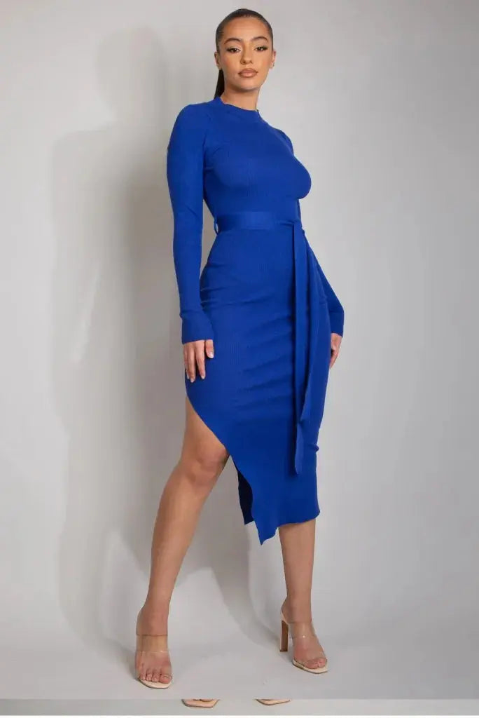 ribbed belted midi dress Belted embellished ribbed-knit and twill midi dress - gray