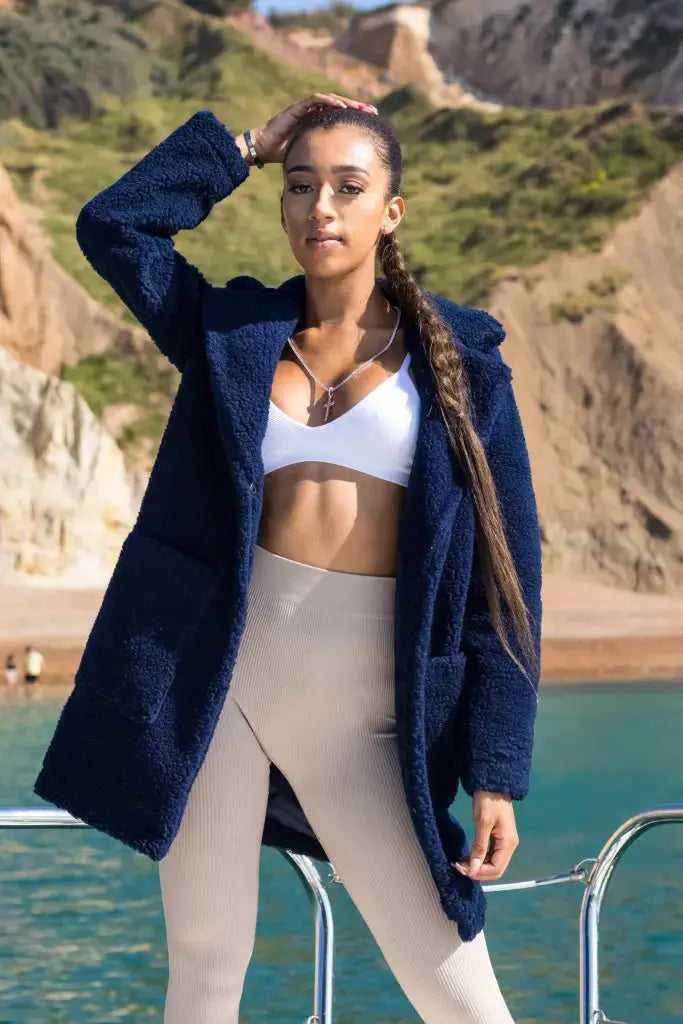 De La Creme Womens Stud Button Borg Teddy Coat