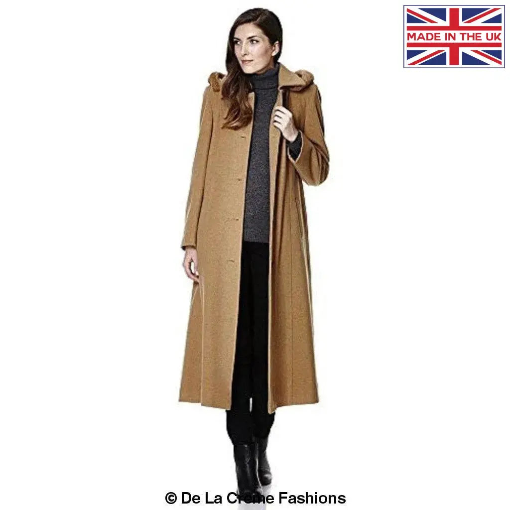 De La Creme - Womens Wool Blend Faux Fur Trim Hooded Long Coat