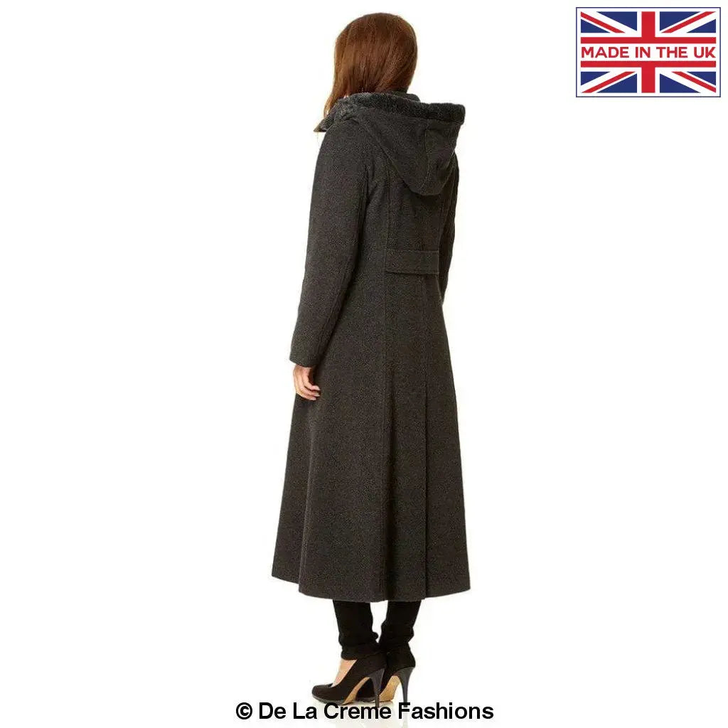 De La Creme - Womens Wool Blend Faux Fur Trim Hooded Long Coat