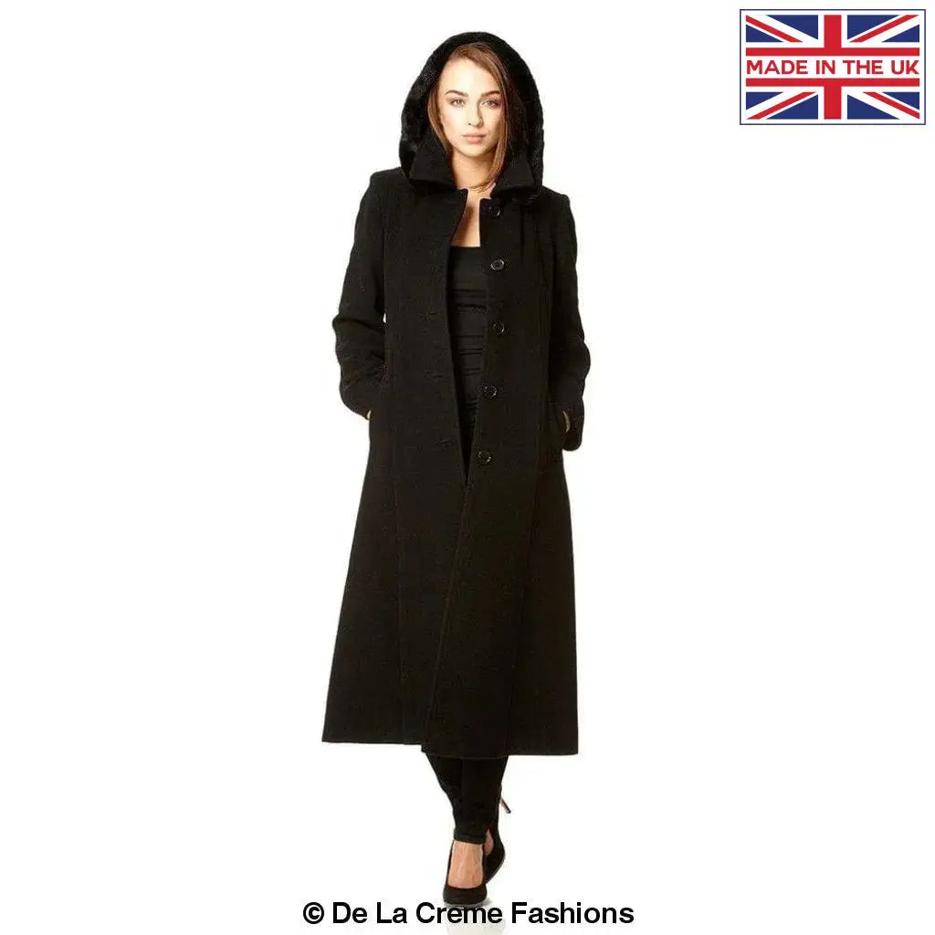 De La Creme - Womens Wool Blend Faux Fur Trim Hooded Long Coat