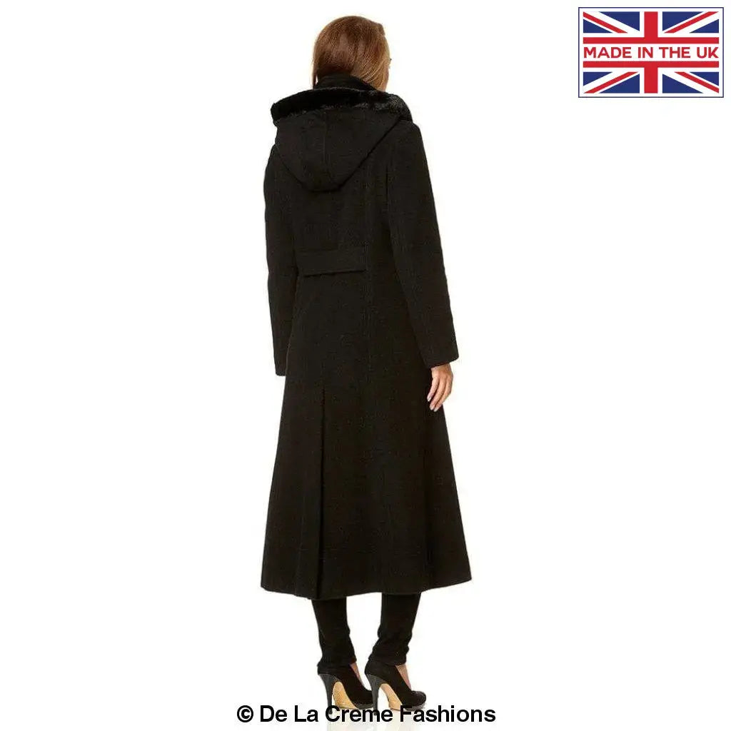 De La Creme - Womens Wool Blend Faux Fur Trim Hooded Long Coat