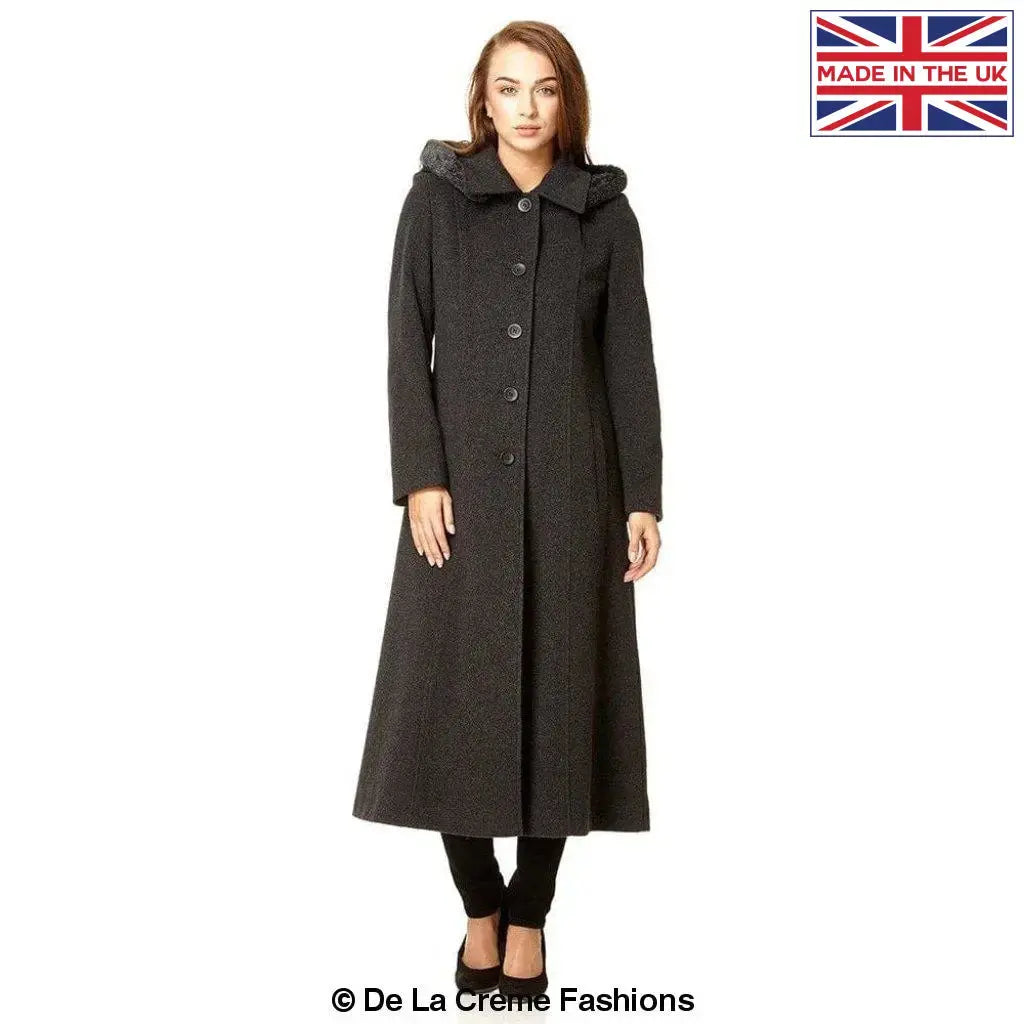 De La Creme - Womens Wool Blend Faux Fur Trim Hooded Long Coat