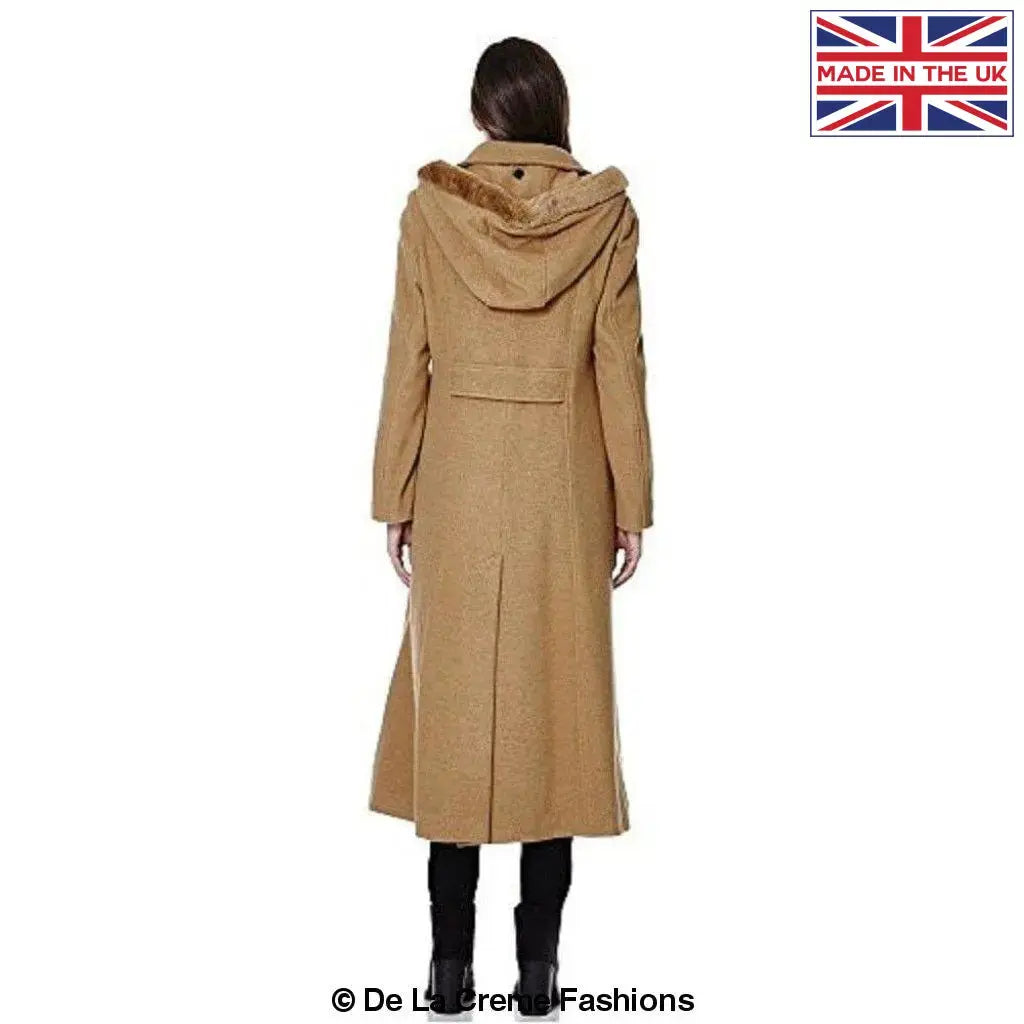 De La Creme - Womens Wool Blend Faux Fur Trim Hooded Long Coat