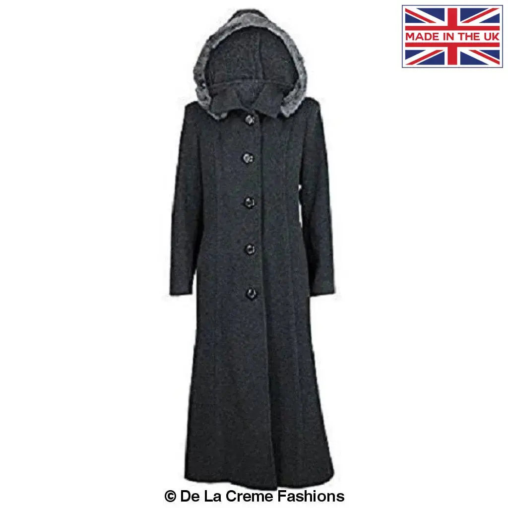 De La Creme - Womens Wool Blend Faux Fur Trim Hooded Long Coat
