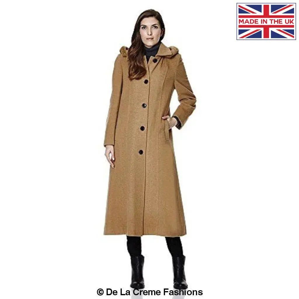 De La Creme - Womens Wool Blend Faux Fur Trim Hooded Long Coat