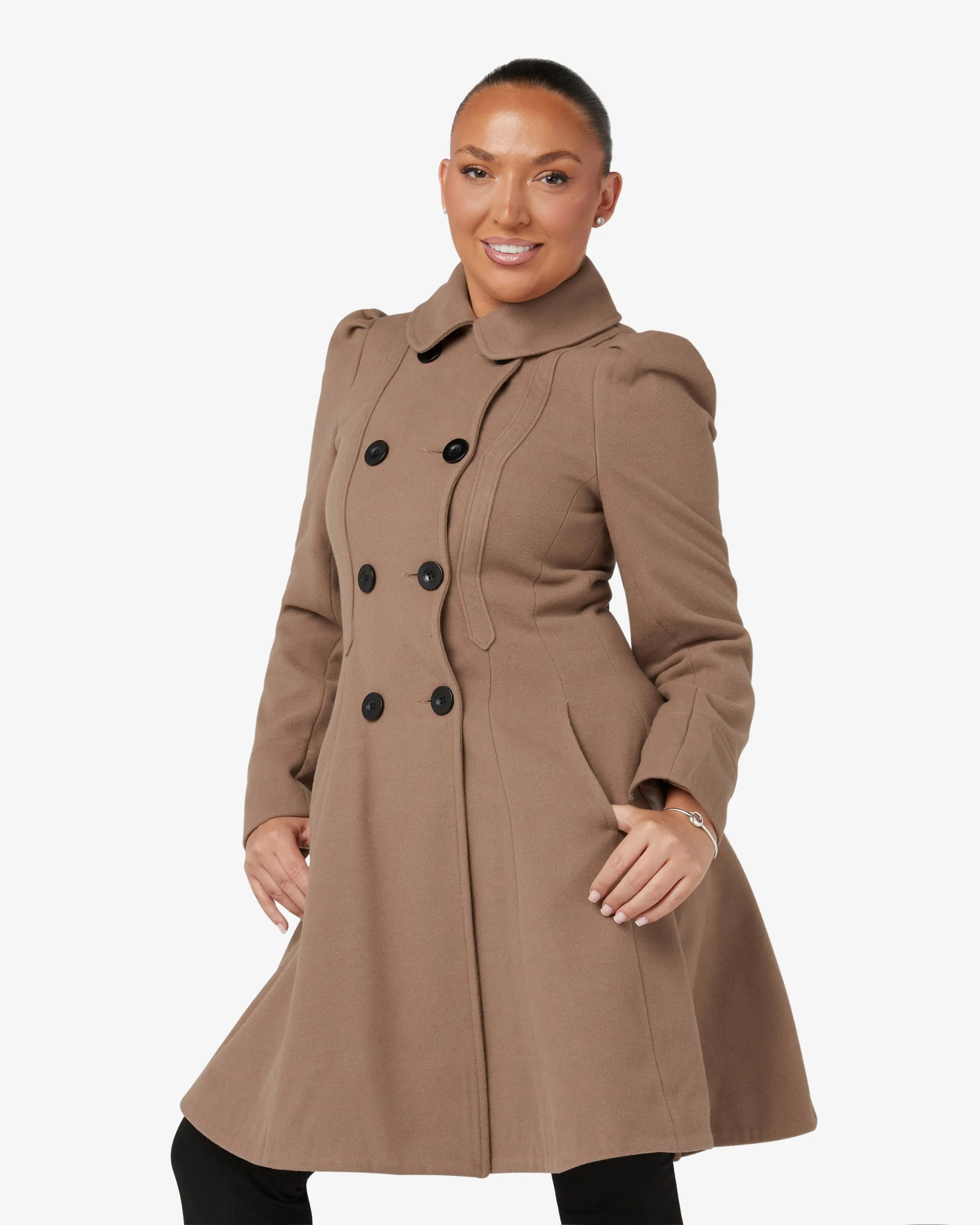 De La Womens Double Breasted Velvet Trim Skater Coat - De La