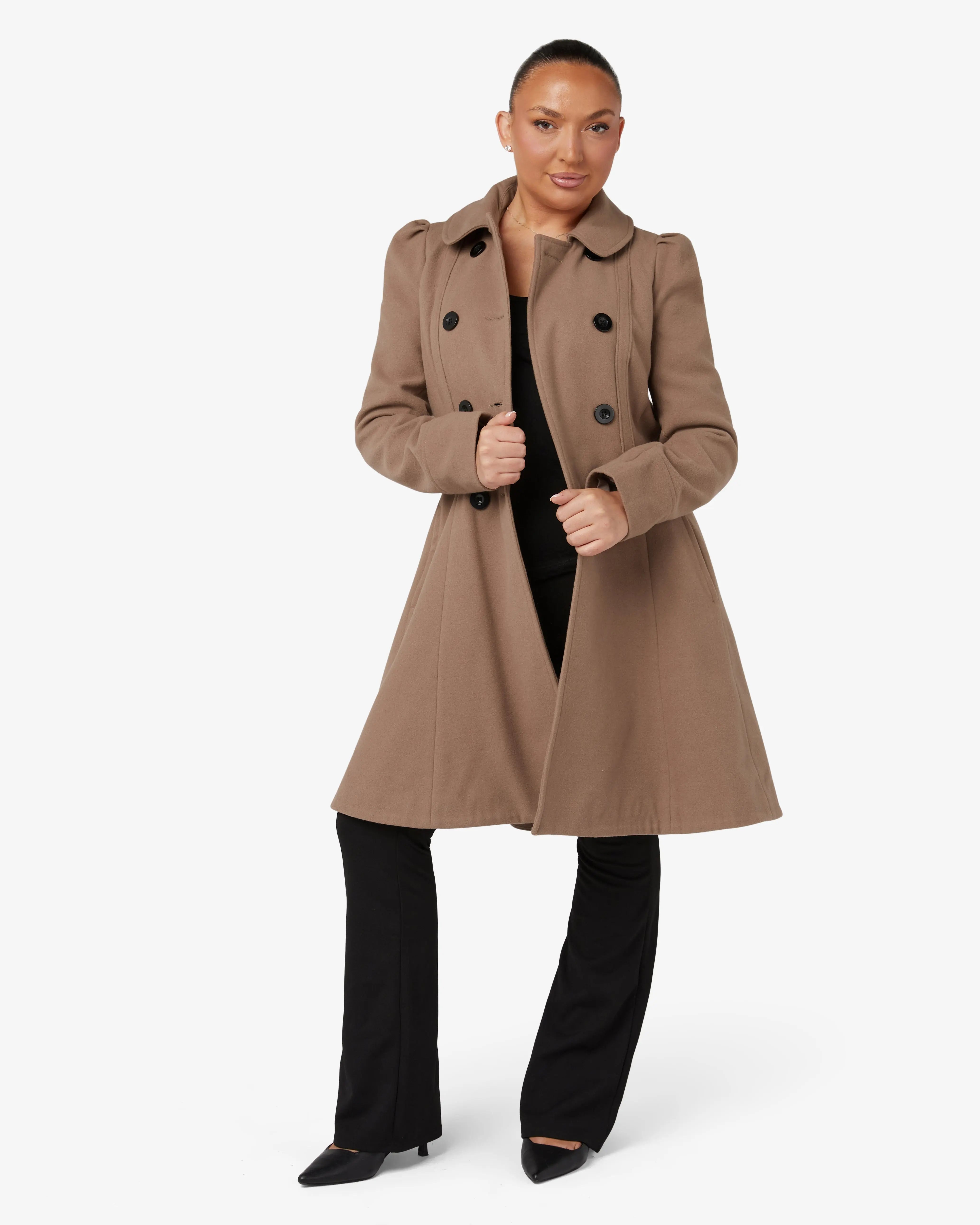 De La Womens Double Breasted Velvet Trim Skater Coat - De La