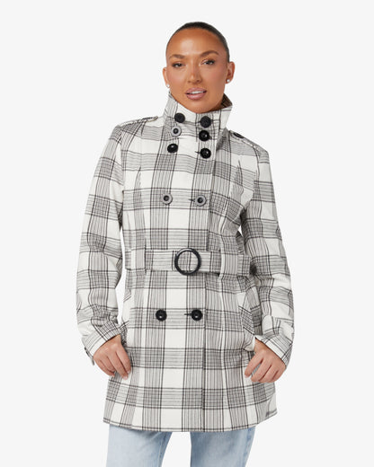 Check Design Military Style High Neck Belted Coat (1226-CHECK) De La Creme