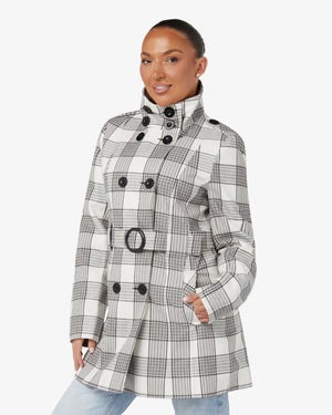 Check Design Military Style High Neck Belted Coat (1226-CHECK) De La Creme