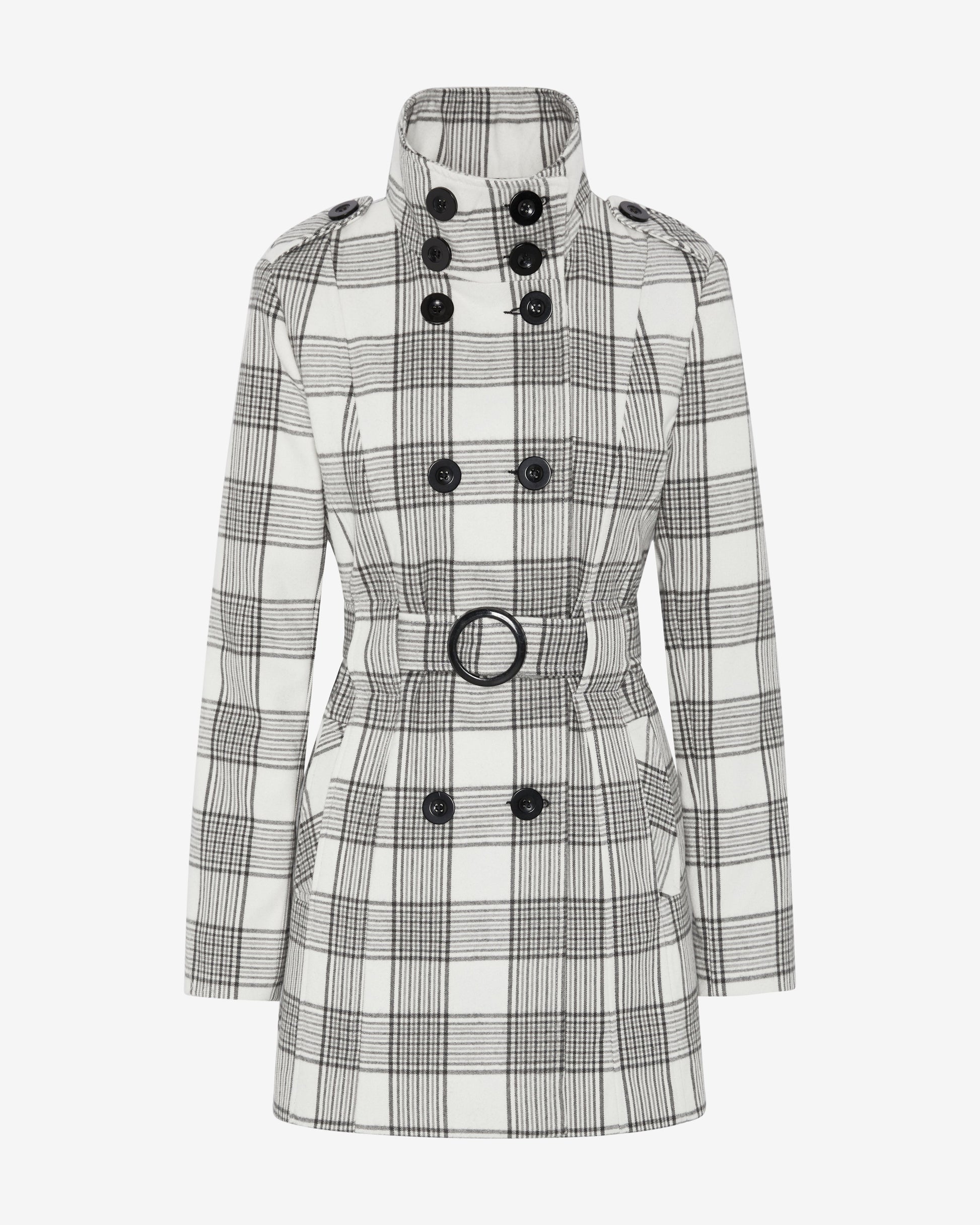 Check Design Military Style High Neck Belted Coat (1226-CHECK) De La Creme