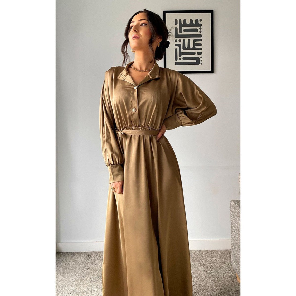 Vintage Style Satin Maxi Dress In Brown