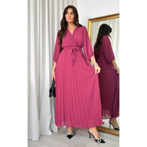 Wrap Front Pleated Belted Maxi Dress