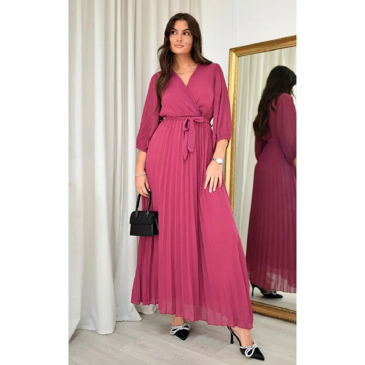 Wrap Front Pleated Belted Maxi Dress iKrush