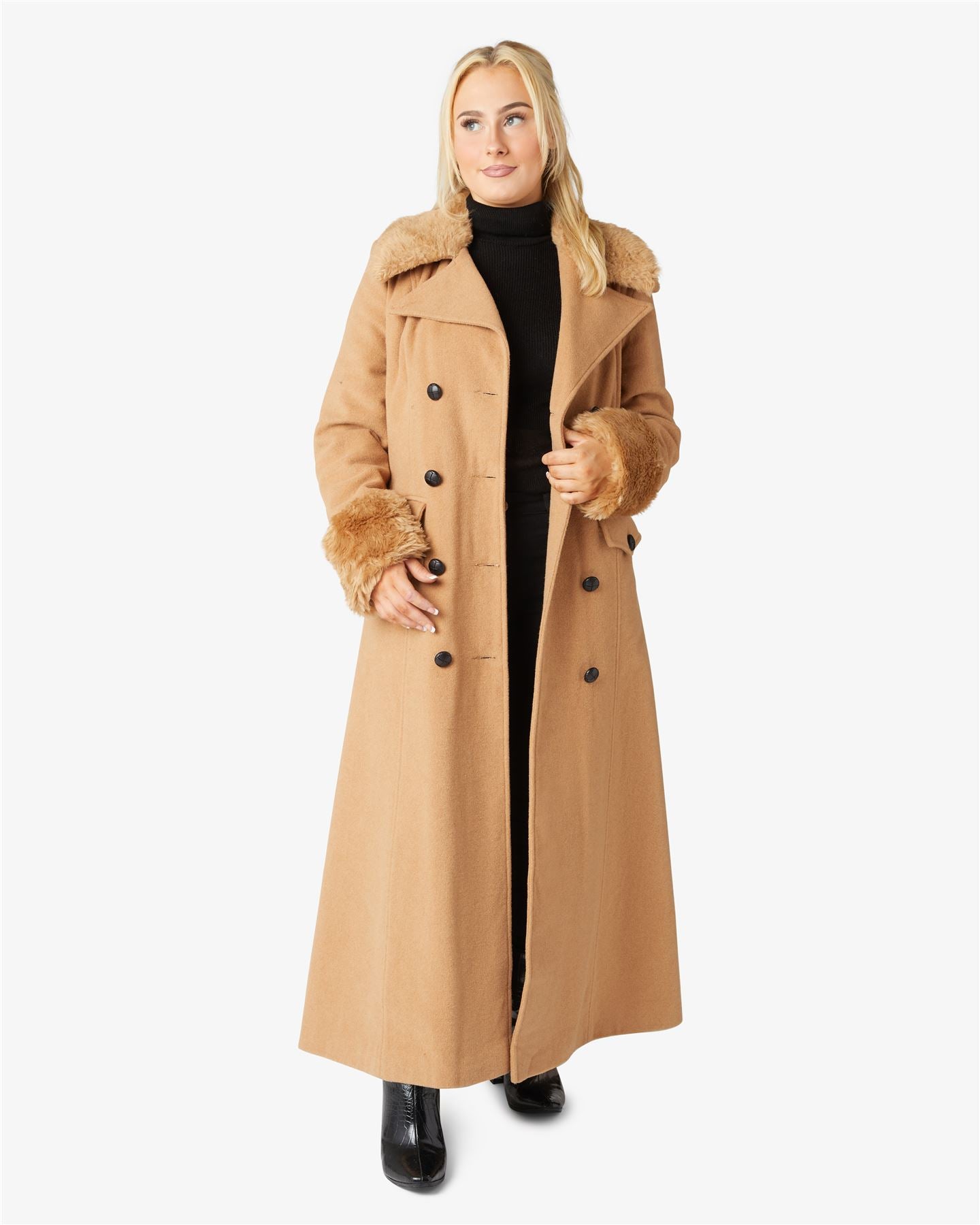 Alexa Wool Blend Faux Fur Trim Maxi Coat