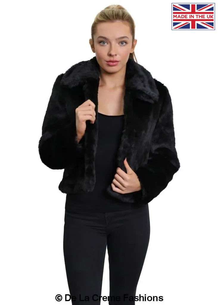 De La Creme - Womens Faux Fur Cropped Aviator Bomber