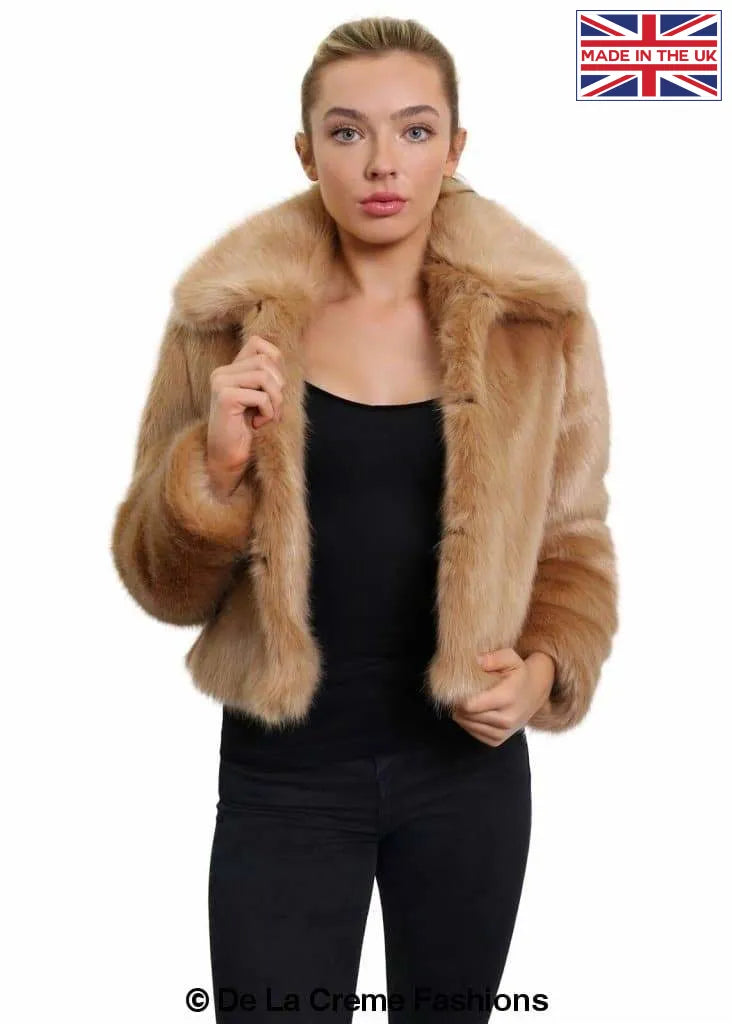 De La Creme - Womens Faux Fur Cropped Aviator Bomber