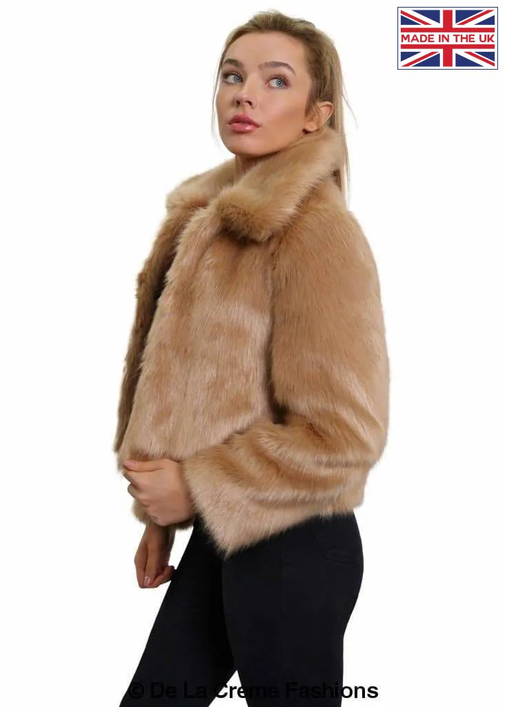 De La Creme - Womens Faux Fur Cropped Aviator Bomber