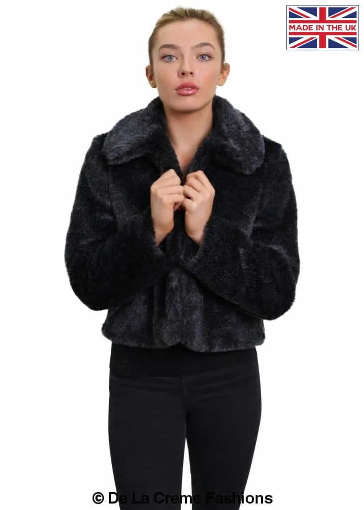 De La Creme - Womens Faux Fur Cropped Aviator Bomber