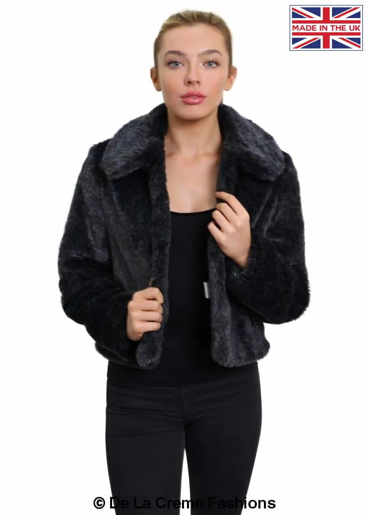 De La Creme - Womens Faux Fur Cropped Aviator Bomber