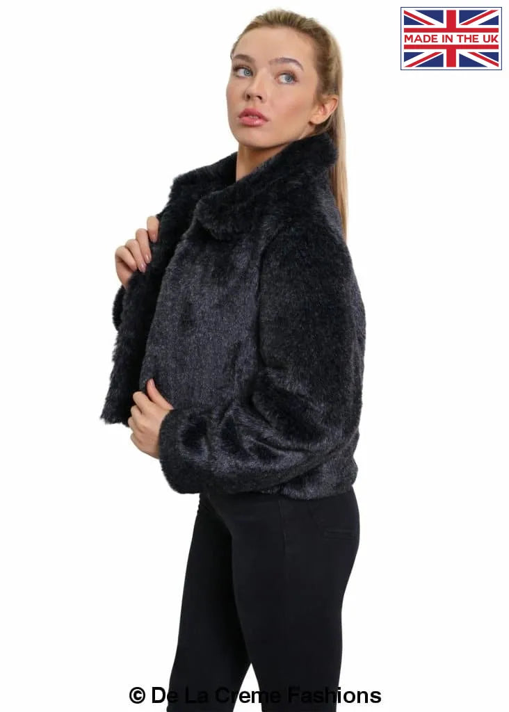 De La Creme - Womens Faux Fur Cropped Aviator Bomber