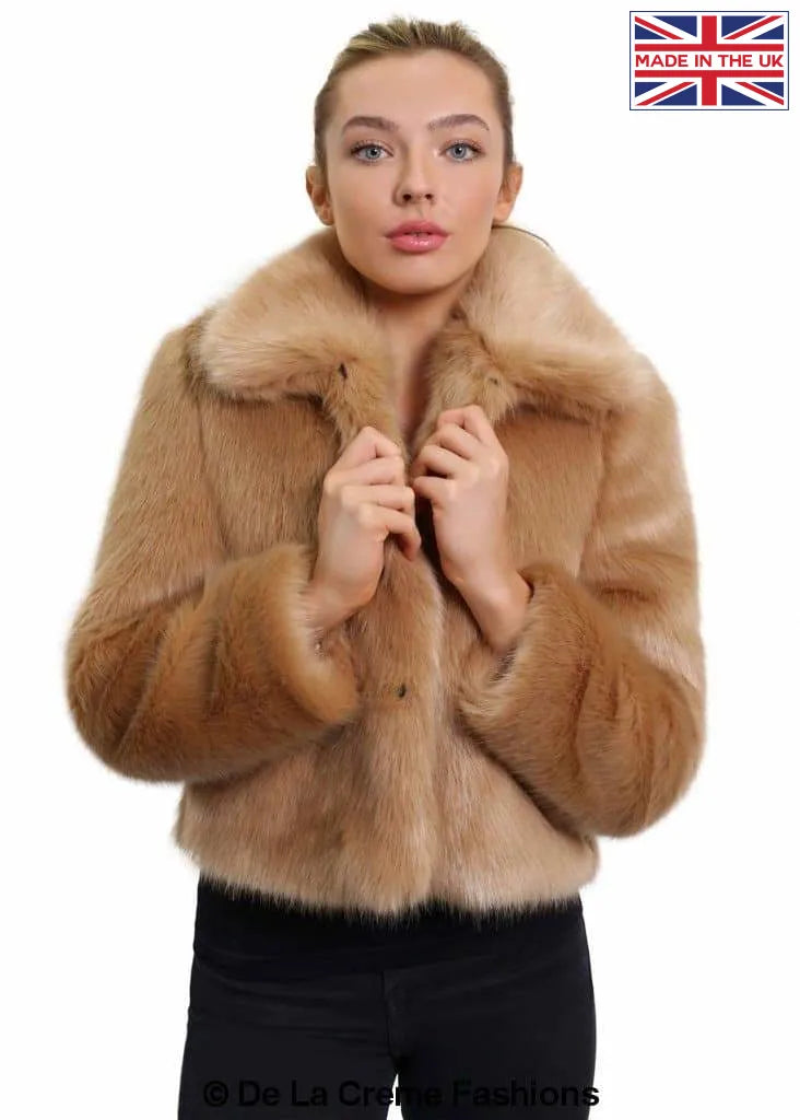 De La Creme - Womens Faux Fur Cropped Aviator Bomber