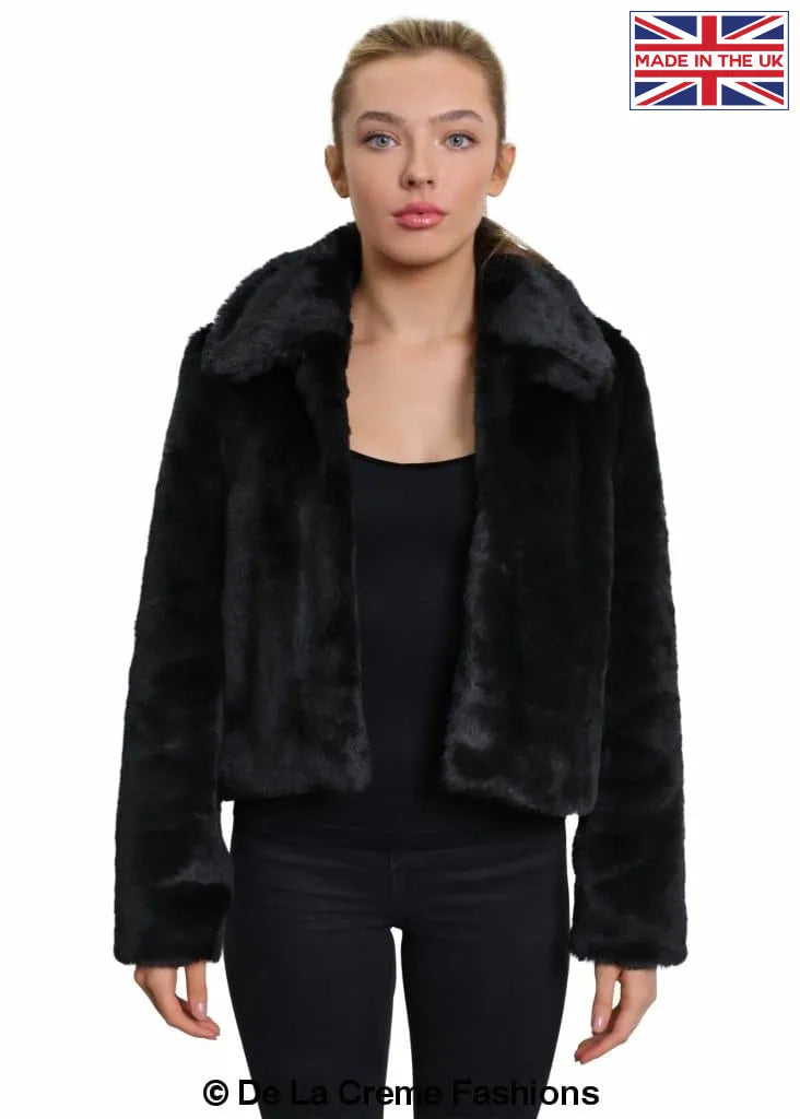 De La Creme - Womens Faux Fur Cropped Aviator Bomber