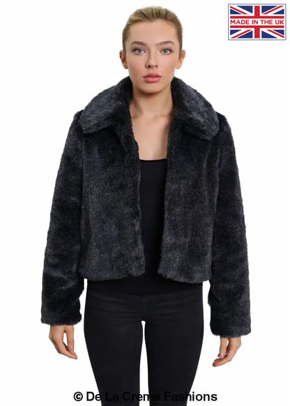 De La Creme - Womens Faux Fur Cropped Aviator Bomber