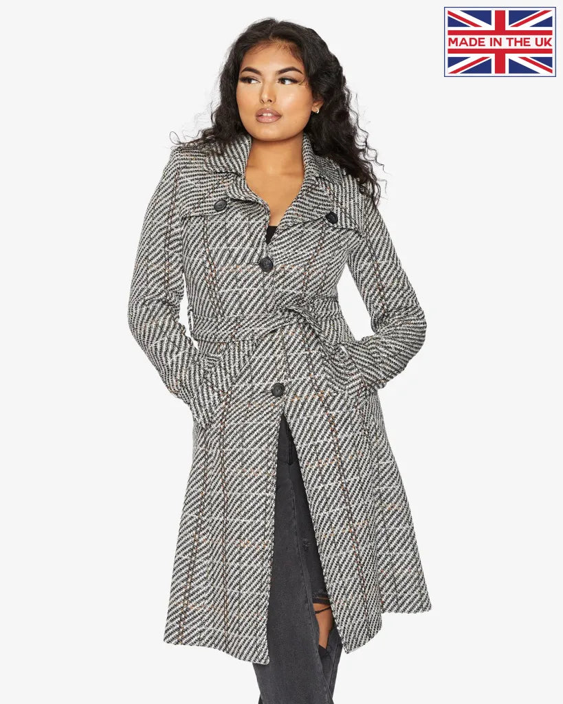De La Creme Womens Wool Blend Check Military Duster Coat