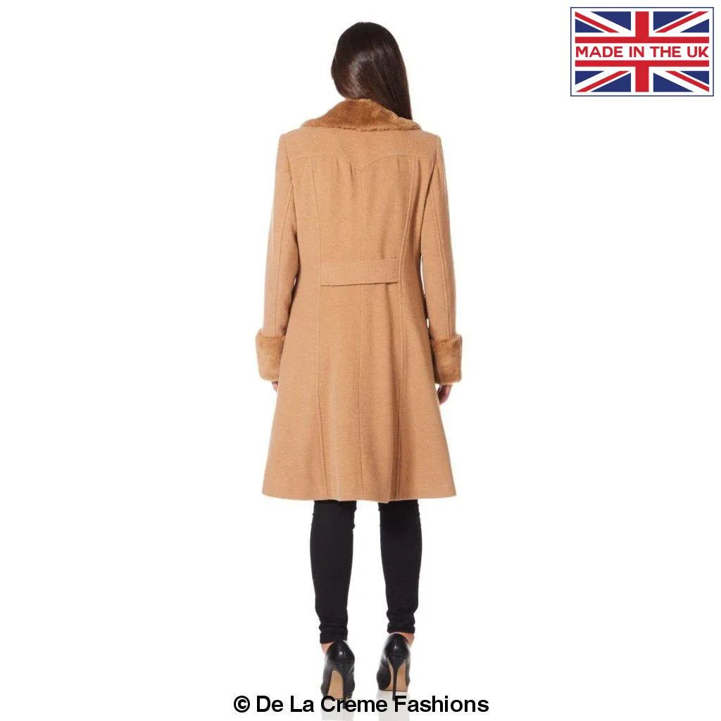 De La Creme - Women's Military Faux Fur Trim Midi Coat