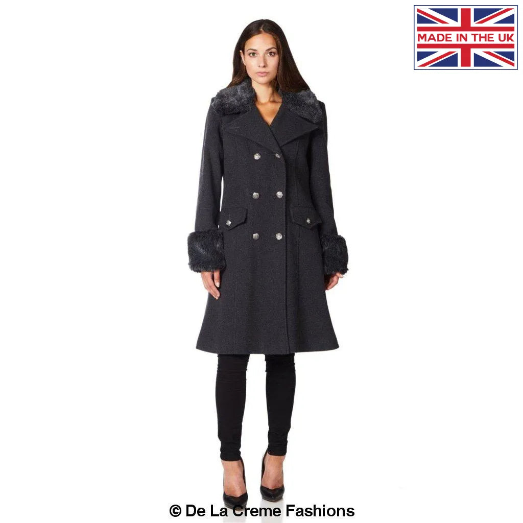 De La Creme - Women's Military Faux Fur Trim Midi Coat