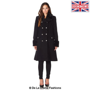 De La Creme - Women's Military Faux Fur Trim Midi Coat