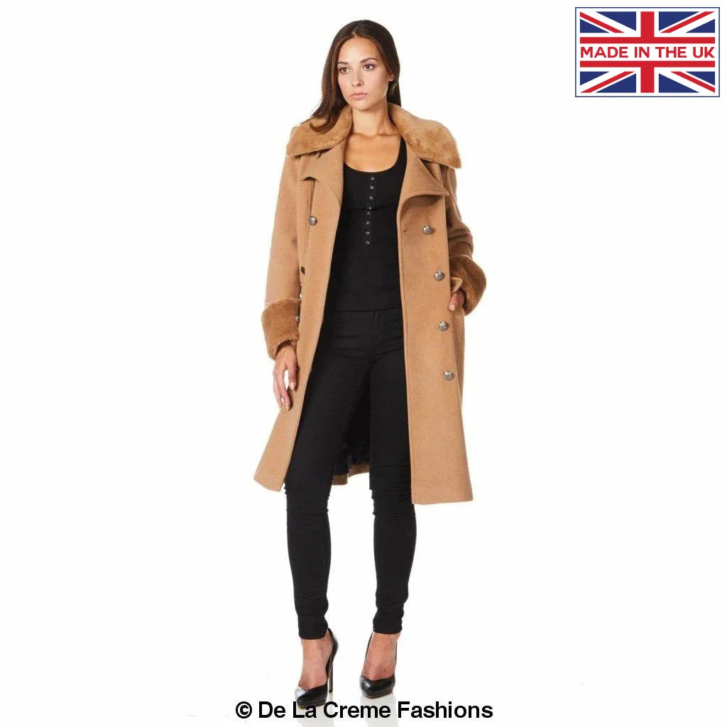 De La Creme - Women's Military Faux Fur Trim Midi Coat