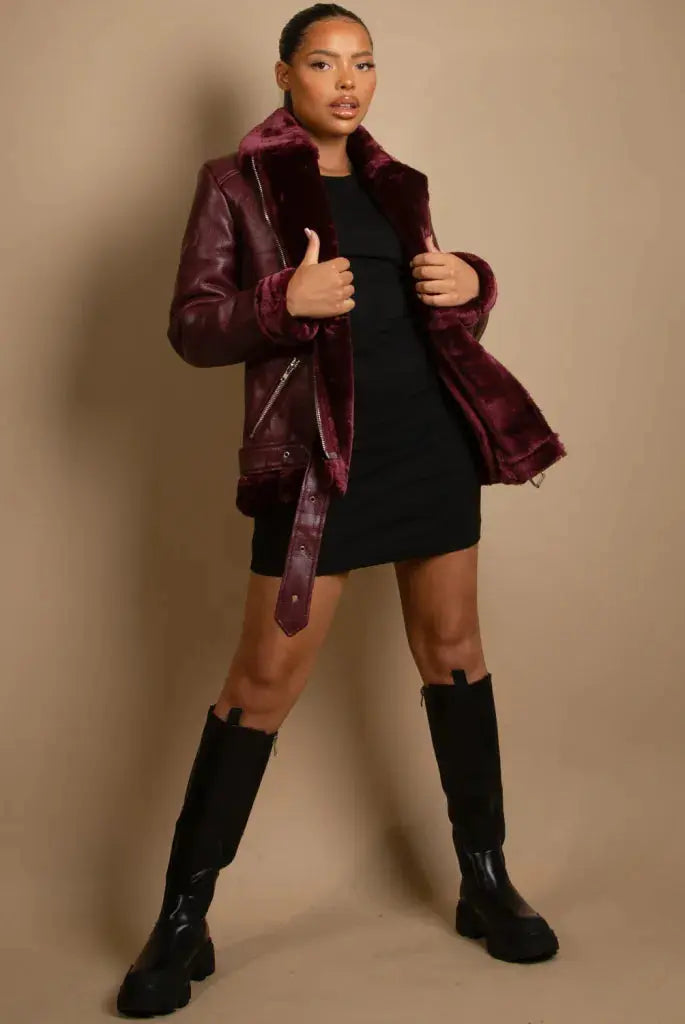 De La Creme Womens Faux Fur Collar Aviator Jacket