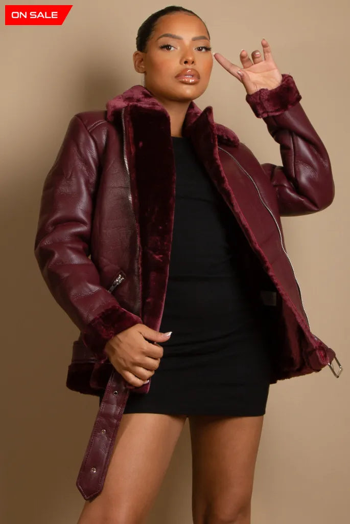 Faux Fur Collar Aviator Jacket (11729) Wine / Small Coats & Jackets