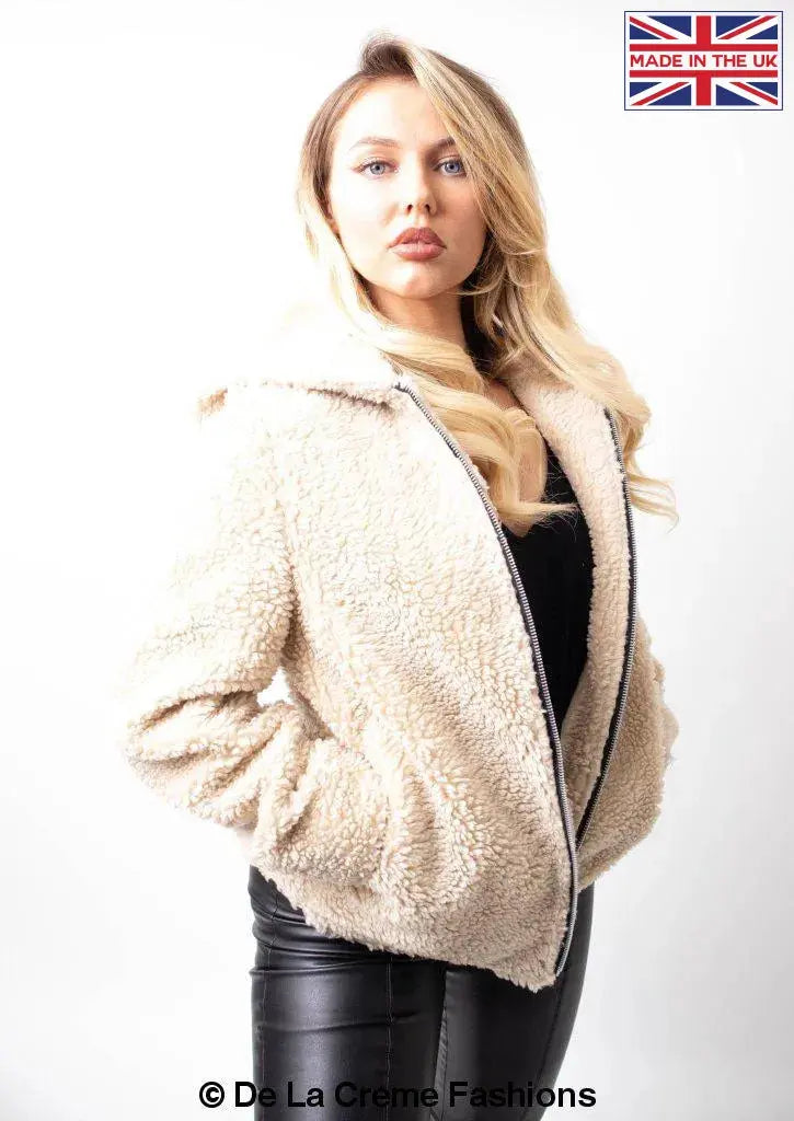 De La Creme Womens Zip Up Hooded Borg Teddy Jacket