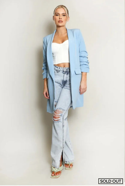 Long Ruched Sleeve Open Blazer Sky Blue / S (Uk 8/10)