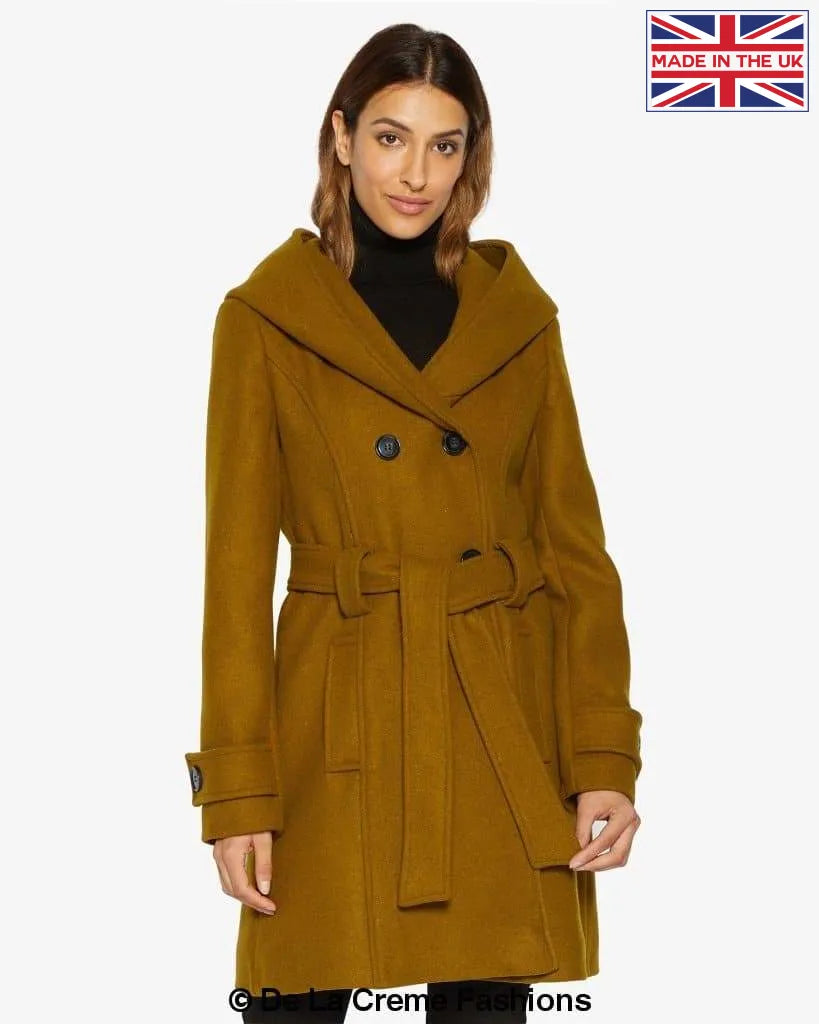 De La Creme - Women's Double Breasted Belted Hooded Coat