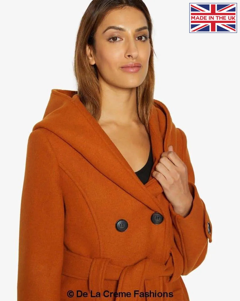 De La Creme - Women's Double Breasted Belted Hooded Coat