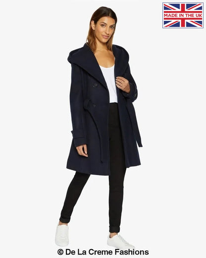 De La Creme - Women's Double Breasted Belted Hooded Coat