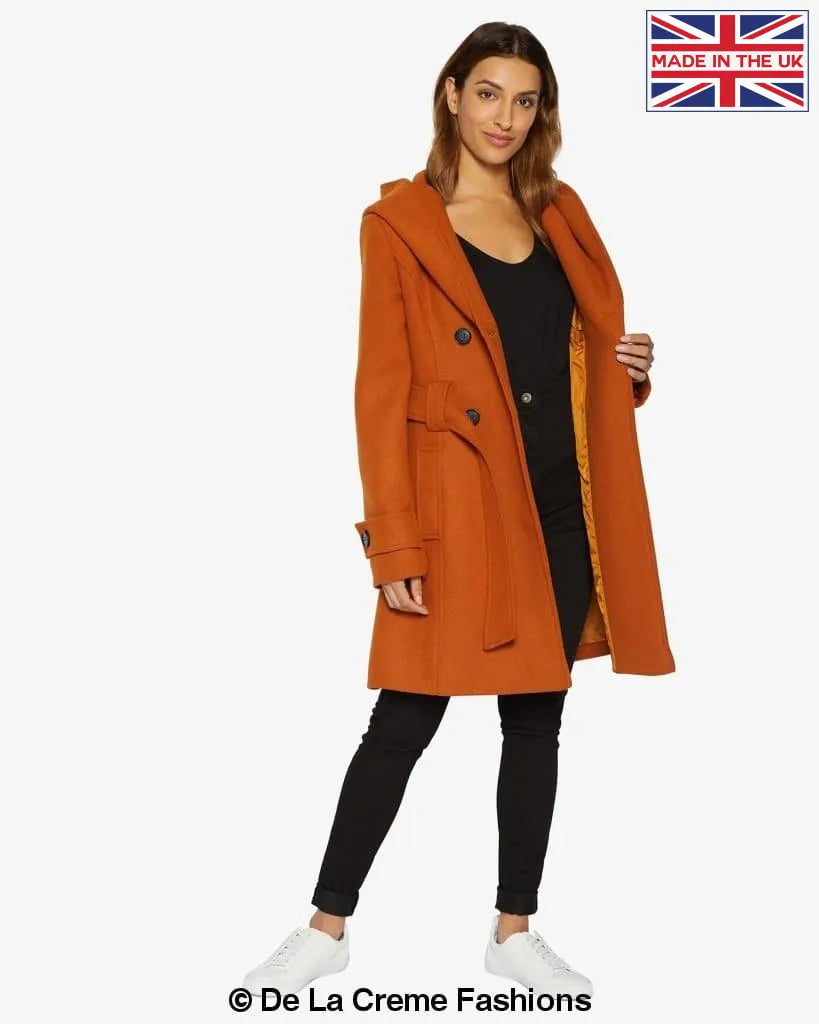 De La Creme - Women's Double Breasted Belted Hooded Coat