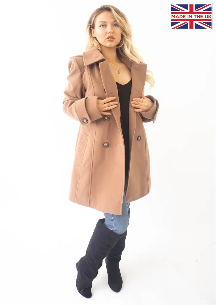 Wool Feel Double Breasted Hooded Coat